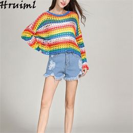 Casual Pullover Sweater Women Fashion Rainbow Long Sleeve Round Neck Female Knitted Loose Autumn Woman s 210513