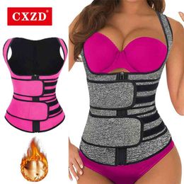 CXZD New Women Body Shaper Sauna Vest Waist Trainer Double Belt Sweat Shirt Corset Abdomen Fat Burn Fitness Top 210402