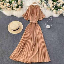 SINGREINY Women Hollow Off Shoulder Dress Elegant Solid Ruffles Sleeve A-line Dress Summer Korean Streetwear Pleated Long Dress 210419