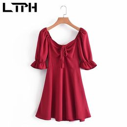 red vintage A-line dress women square collar bow puff sleeves back zipper high waist elegant dresses Summer 210427