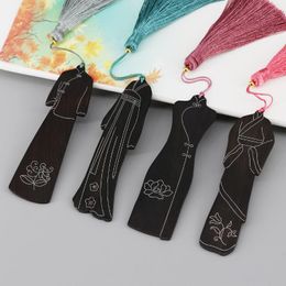 Bookmark 1pcs Classical Cheongsam Purple Sand Inlaid Silver Silk Chinese Style Tassel Wooden Gift Literary Bookmarks Box