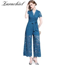 Blue Short Sleeve V-Neck Hollow Out Lace Women Summer Office Lady Elegant High Waist Wide Leg Sexy Jumpsuit With Belt 210416