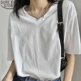 Summer Loose T-shirt Cotton Short-sleeved Female White Shirt Solid Korean Style Simple Basic V-neck Ins Tops 14263 210527