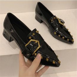 Women Shoes Sexy High Heels Spring Summer Shallow Mouth Pointed Casual Barefoot Shoes Female Chunky Heels Rivet Leather Shoes