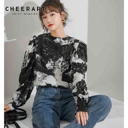 Ink Painting Puff Sleeve Top Long Blouse Women s And Bloues Print Loose Casual Fall Korean Clothing 210427