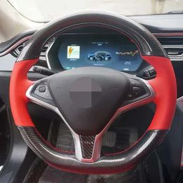 Car Steering Wheel Cover Hand-Stitched Black Genuine leather Suede Car Steering Wheel Covers For Tesla Model S/X 2016-2020
