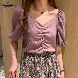 Korean Fashion Clothing Solid V-neck Chiffon Blouse Blusas Mujer De Moda Summer Ladies Tops White Shirt 9366 210521