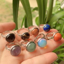 10mm 12mm Healing Natural Stone Crystal Rings Round Open Adjustable Amethysts Lapis Pink Quartz Women Joint Finger Ring Party Wedding Jewelry