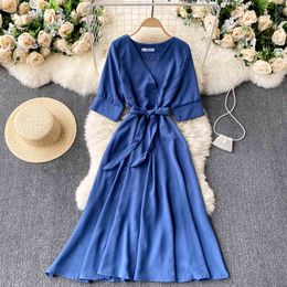 SINGREINY Women Elegant Solid Dress V Neck Short Sleeve Lace Up A-line Office Dresses Summer Korean Streetwear Midi Long Dress 210419