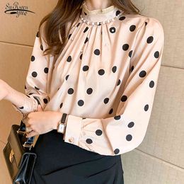 Spring Elegant Beading Long Sleeve Blouse Women Pleated Slim Stand Collar Tops Polka Dot Print Chiffon Shirt Fashion 13095 210521