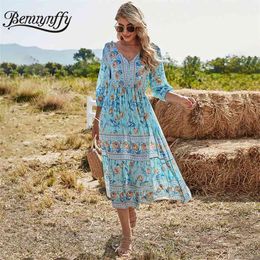 V-neck Button Front High Waist Bohemian Dresses Summer Women Half Sleeve Holiday Boho Casual Print Long Dress 210510