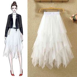 Tulle Skirts Womens Faldas Mujer Moda Fashion Elastic High Waist Mesh Tutu Maxi Pleated Long Midi Saias Jupe Women's Skirt 210401