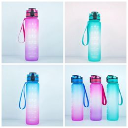 1000ml Gradient Colour One-click Opening Fliptop Bottles Spring Lid 32OZ Motivational Fitness Outdoor Sports Water Bottle With Time Marke