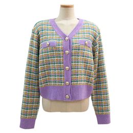 Women Short Cropped Sweater Knitted V Neck Cardigan Button Plaid Green Violet Pink Tweed M0276 210514