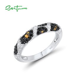 SANTUZZA Silver Rings For Women Pure 925 Sterling Black Spinel Yellow White Cubic Zirconia Glamorous Trendy Fine Jewelry 211217