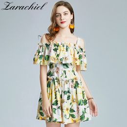 Summer Camellia Flower Holiday Women Sexy Off Shoulder Spaghetti Strap Leaves Yellow Floral Print Ruffles Short Dress 210416