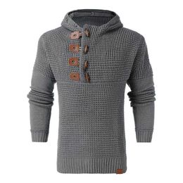 Mens Solid Colour Horn Button Sweater Autumn Casual Chunky Jumper Hoodie Male Winter Street Pullovers Men Hooded Sweaters Y0907