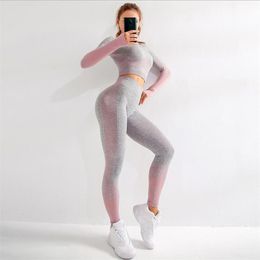 2 Pieces Gym Set Workout Clothes For Women Fitness Long Sleeve Crop Top Seamless Scrunch Butt Leggings Yoga Sport Suits 210802