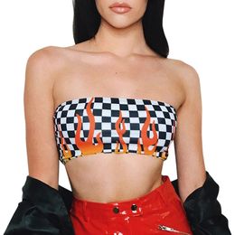 Sexy Crop Top Fashion Womens Flame Plaid Print Tank Tops Halter Lattice Short Shirt bustier Sports Vest For Lovers X0507