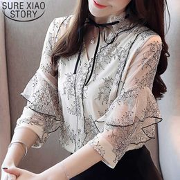 Fashion women tops and blouse ladies tops chiffon blouse shirt harajuku bow Half V-Neck Floral Butterfly Sleeve 3987 50 210527