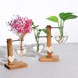Hydroponic Glass Planter heart Vase with Wooden Stand Tray Tabletop Desk Decor Water Planting Propagation Home Decor 210623