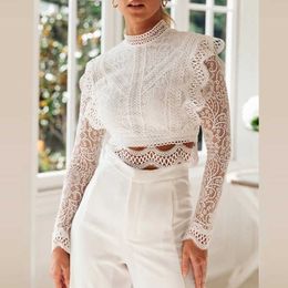 Ordifree Summer Women White Lace Blouse Short Sexy Tops Long Sleeve Ruffle Blouse Shirt 210721