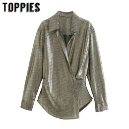 Toppies New Women Metallized Layer Long Sleeve Blouse V neck Fashion Tops Blouse 210412