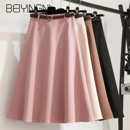 Summer Sashes A-line Skirts Women Solid Elegant Kpop Tutu Office Lady Umbrella Midi Skirt Vintage Faldas Mujer 210506