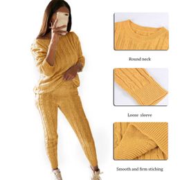 Women 2 Piece Set Christmas Autumn Winter Knitted Set Outfit Ladies O Neck Pullover Solid Color Tops+Pants Set Outfits Y0625