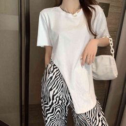 T shirt Summer Spring Korean irregular Round Neck Short Sleeve t-shirt + Zebra Casual Pants Wide Leg 2206J 210420