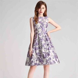 Summer Fashion Vintage Elegant Women Runway Dress High Waist Sleeveless Jacquard Dresses Vestidos 210520