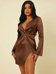 SXY Plunging Neck Twist Front Wrap Satin Dress SHE