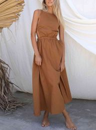 Solid Summer Backless Long Beach Dress Women Sleeveless Casual A Line High Waist Party Maxi Dresses For Woman Clothing 210521