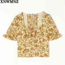 Elegant Girl Summer T-shirt Floral Print Yellow Women Tshirt Harajuku Short Flare Sleeve T Shirt Female Clothes Top 210520