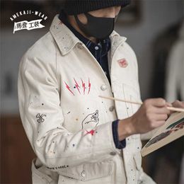 Maden Grafiti Giacche da uomo Utensili francesi Retro Caccia Camicia di jeans bianca casual Slim Top Trend da uomo giapponese 211217