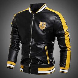 Men Jacket Casual Letter Embroidery Leather Jacket Streetwear Fashion Tops Patchwork Leather Bomber Jacket Autumn Coat Men 211009