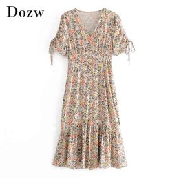 Floral Print Elegant Dress V Neck Short Sleeve Vintage Dress Women Bow Tie Pleated Beach Midi Dress Vestido De Mujer 210414