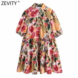 Zevity Women Vintage Ink Painting Graffiti Print Pleats Shirt Dress Female Chic Retro Puff Sleeve Casual Ruffles Vestidos DS8343 210603