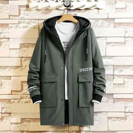 Casual Men's Black Green Windbreaker Jackets Long Trench Coat For Spring Autumn Winter Clothes 210819