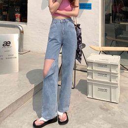 S-XL summer korean ins style loose women long denim pants Big Hole high waist straight Ripped jeans for womens (78636) 210423