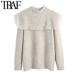 TRAF Women Fashion Patchwork Organza Ruffled Knitted Sweater Vintage O Neck Long Sleeve Female Pullovers Chic Tops 210415