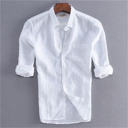 Literary youth white linen shirt men's slim cropped sleeves summer casual breathable cotton half sleeve 210420