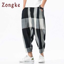 Zongke Loose Ankle-Length Linen Pants Men Joggers Men Pants Streetwear Harem Pants Men Trousers 5XL Hip Hop Spring 210707