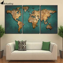 HD Printed 3 Piece Canvas Art World Map Canvas Painting Vintage Continent Wall Pictures for Living Room Home Decor 210705
