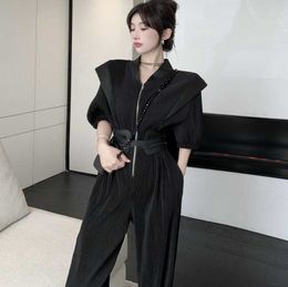 summer fashion casual women Chiffon pleated all-match V-neck front zipper is thin and high-waisted jumpsuit with belt 210531