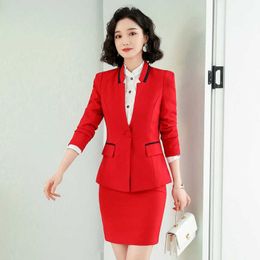 Temperament office women's skirt suit two-piece Slim-fit solid color ladies jacket Elegant high waist autumn clothes 210527