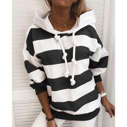 Women's Hoodies & Sweatshirts Fall Pullover Long-Sleeved Top Stripes Loose Elastic Casual Warm Hat Clothes Lady Sportswear Drawstring Outwea