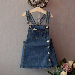 2019 Girls Kids Denim Dress Button Pocket Sling Dresses For girl Children costume robe fille Clothes Q0716