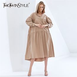 Vintage Dress For Women Hooded Collar Lantern Long Sleeve Ruched Loose Oversized A Line Dresses Female Clothes 210520