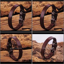 Charm Bracelets Jewellery Drop Delivery 2021 G458 Dark Brown Simply Cool Single Wrap Genuine Leather Bracelet Buckle Cuff Mens 0Sxyd